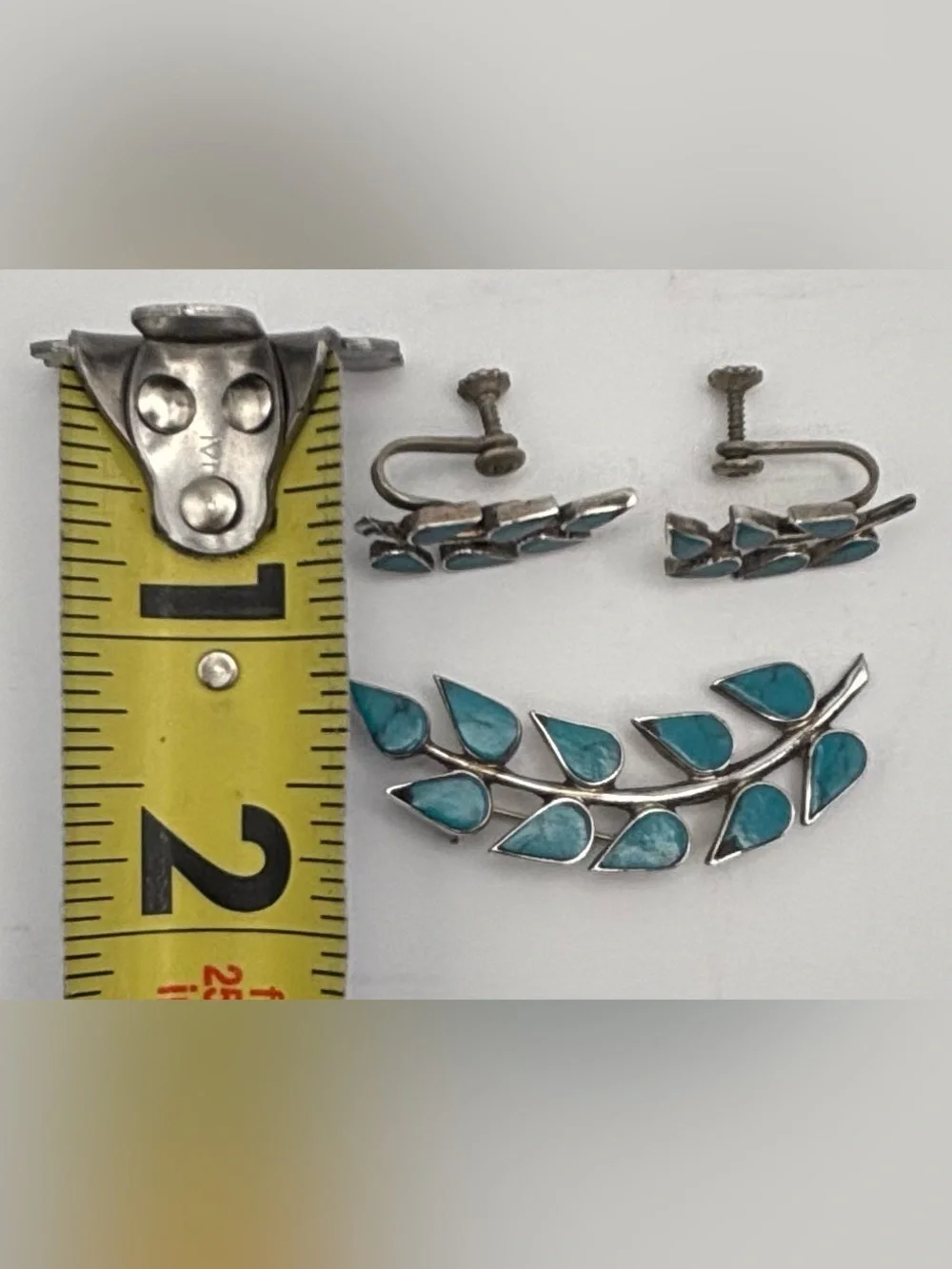 Vintage Taxco Mexican 925 Sterling Silver Turquoise Brooch & Earrings Set - Picture 6 of 8